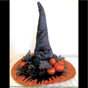 1 of Pumpkin patch witch hat Orange sparkles top & under brim black leaves 18"h